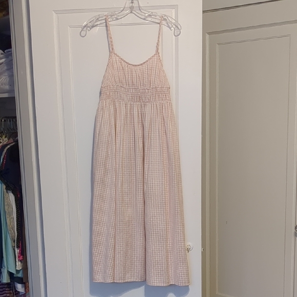 Pink Peach Light Gingham Sundress Empire Waist Pockets Spaghetti Straps Small - Picture 2 of 5